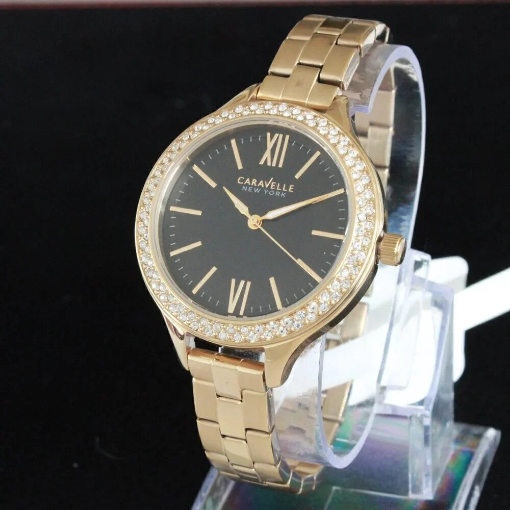 Caravelle New York Ladies Casual Watch Swarovski Crystal Bezel Gold Tone 37mm